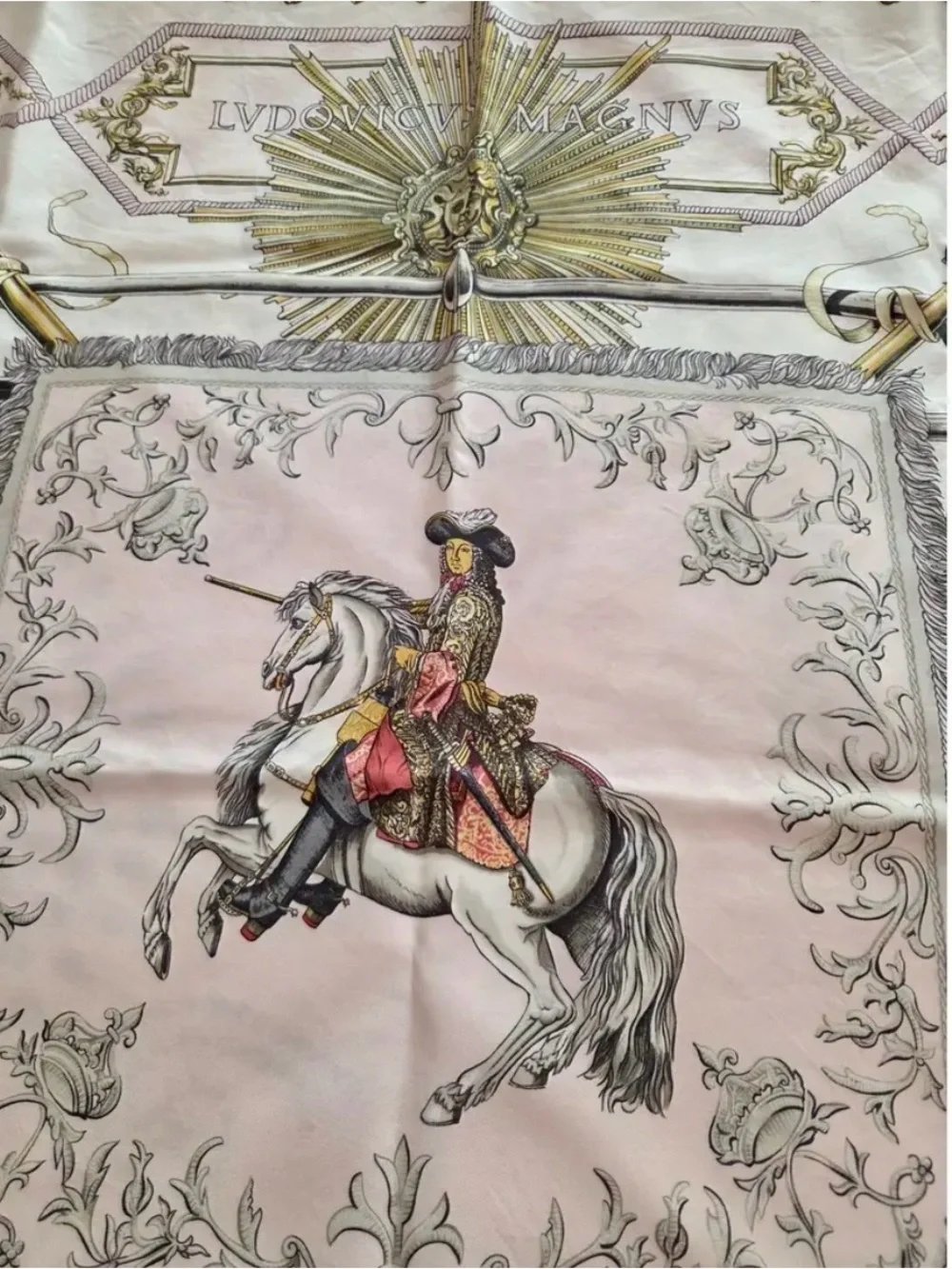 Hermes Pink Cream Gold Horse & Rider Silk Scarf